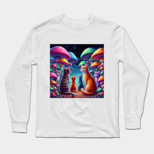 Psychodelic colorful cats with mashrooms Long Sleeve T-Shirt